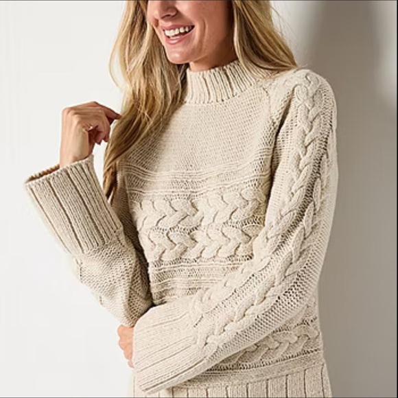 St. John's Bay Women's Beige Cable Knit Turtleneck Sweater - Picture 1 of 9